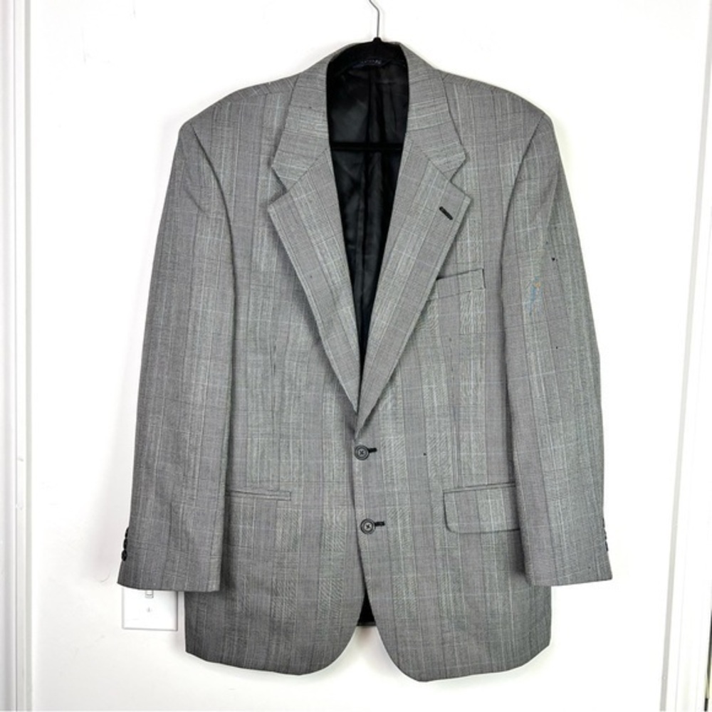 Burberrys Blazer mens large two button coat grey blue micro plaid 100% wool